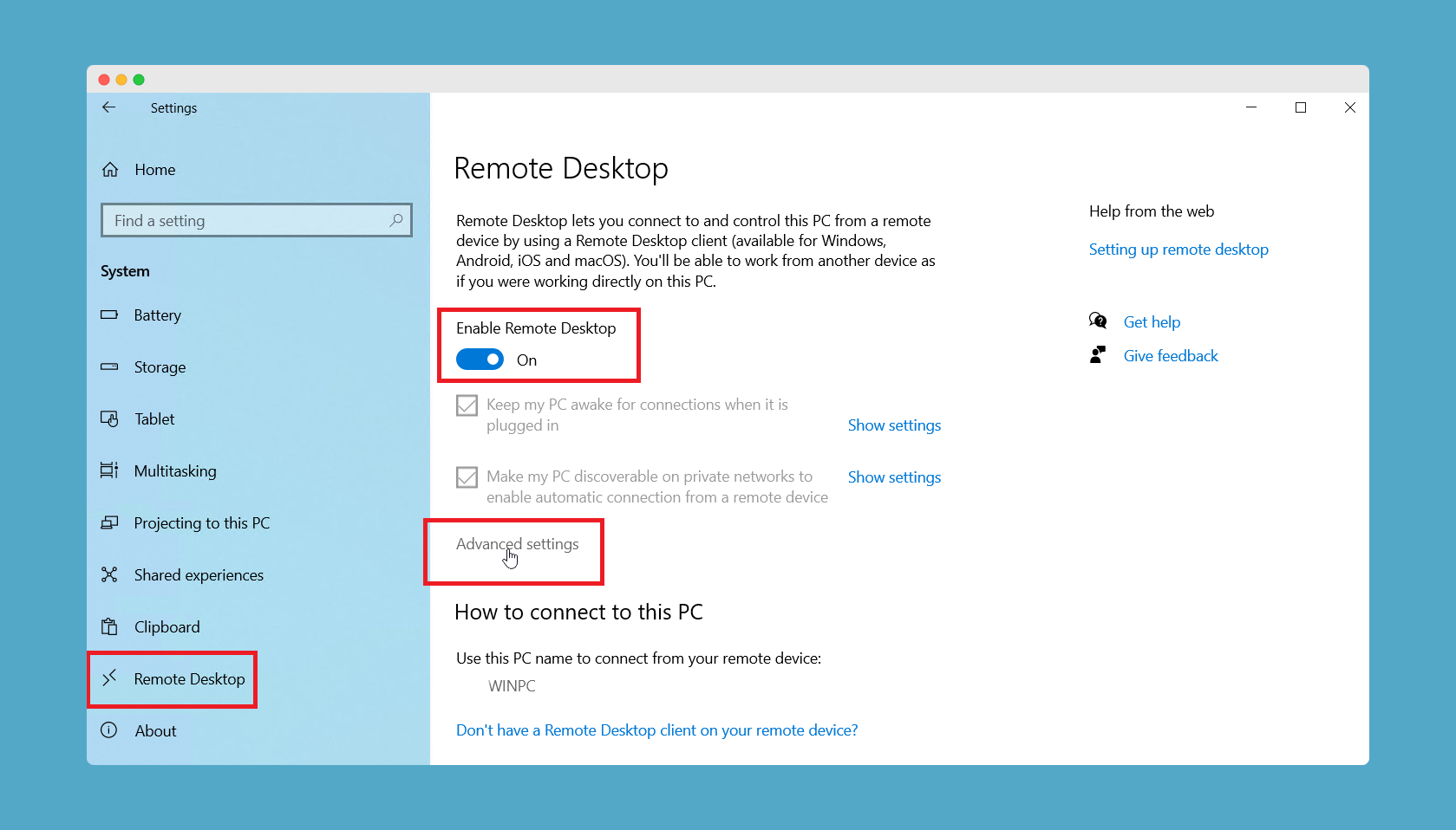 Enable Remote Desktop in Windows 10