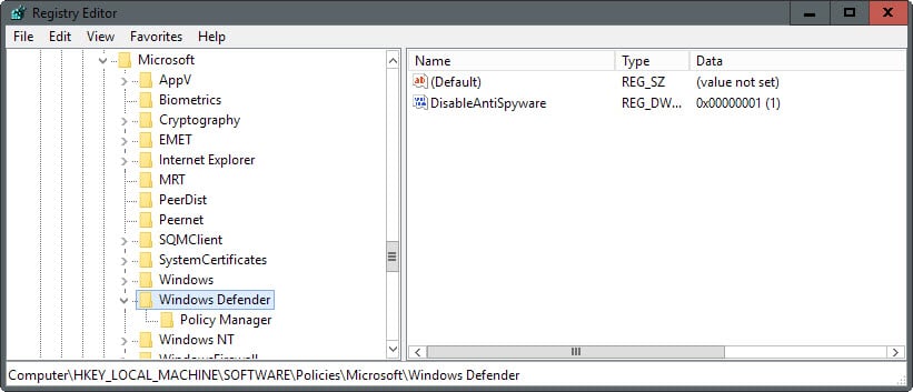 Disable Windows Defender via Registry Editor