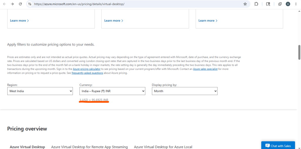 Azure virtual desktop pricing for India West Region, May 2026
