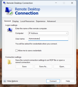 enter rdp credentials on remote desktop connection